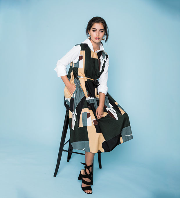 Patronilla shirt $299. Kowtow dress $239. Witchery earrings $44.90. Seed Heritage heels $180.