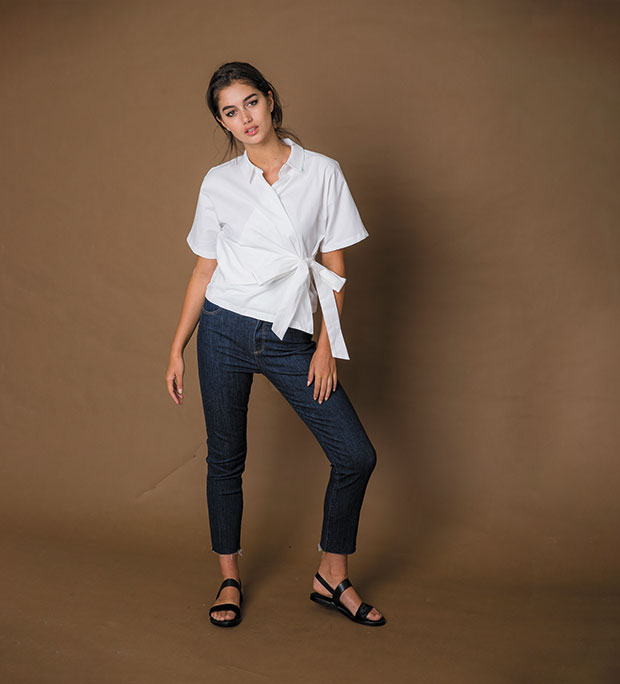 Topshop shirt $70. Wrangler jeans $159.90. Witchery sandals $149.90.