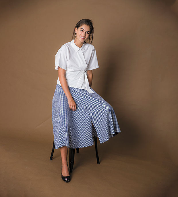 Topshop shirt $70. Seed Heritage skirt $159.90. Kathryn Wilson heels $299. Mimco earrings $129.