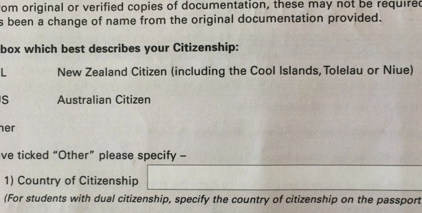 "Filling out these Manukau Institute of Technology forms, I think I'd rather quite like to have citizenship in the Cool Islands," says Ngaire. "Wonder where they are?"