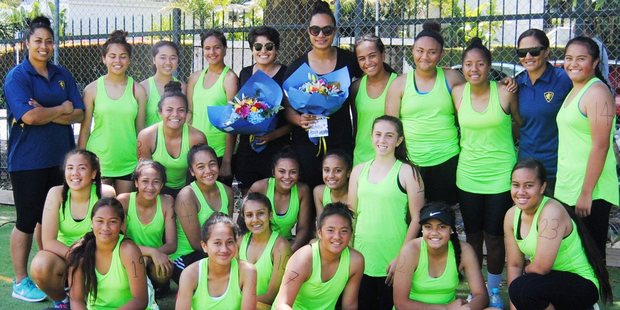 AGGS' new Year 9 netball academy members with Finau Pulu, left, Malia Paseka, centre right, and Nicolette Tato (nee Ropati), right. Photo / Supplied