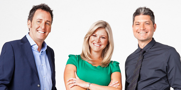 Jesse Mulligan, right, during a short-lived stint on Seven Sharp alongside Mike Hosking and Toni Street.