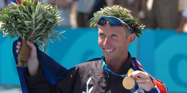 Hamish Carter with his gold medal after winning at the Athens Olympics in 2004. Photo / Getty Images