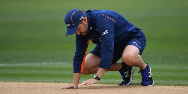 Coach Mike Hesson inspects the wicket during a rain delay at McLean Park, Napier, New Zealand. Photo / Photosport.co.nz