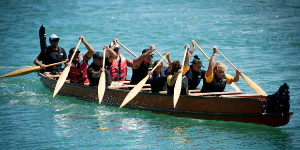 Waka in action during the Tamaki Herenga Waka Festival held at the Viaduct Events centre and Basin, Auckland Anniversary Weekend. Photo / Dean Purcell