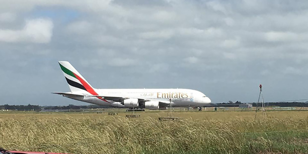 The Emirates A380 plane at Ohakea Air Base. Photo / Laura King