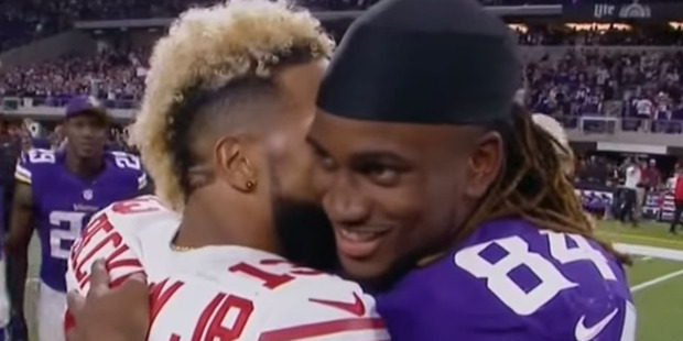 Is Odell Beckham Jnr really blowing a raspberry on Cordarrelle Patterson's neck? Photo / YouTube