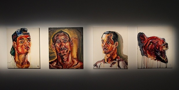 Artworks of Prison Life painted by Myuran Sukumaran are seen at the 'Another Day in Paradise' exhibition preview at Campbelltown Art Centre. Photo / Getty Images