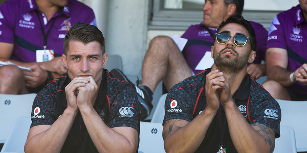 Warriors Kieran Foran and Shaun Johnson watch from the stands during their loss to Parramatta Eels during the first day of the Downer NRL Nines. Photo / Brett Phibbs.