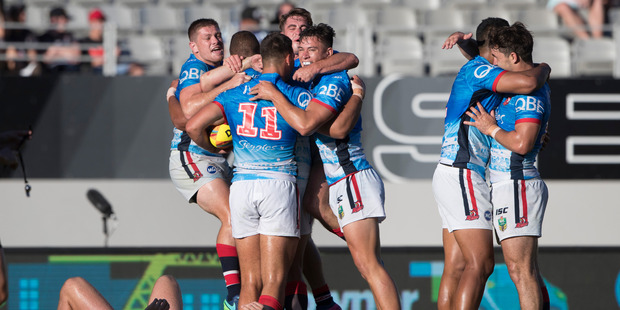 It's poultry emotion as the Roosters celebrate their Nines win against the Panthers yesterday. Photo / Brett Phibbs