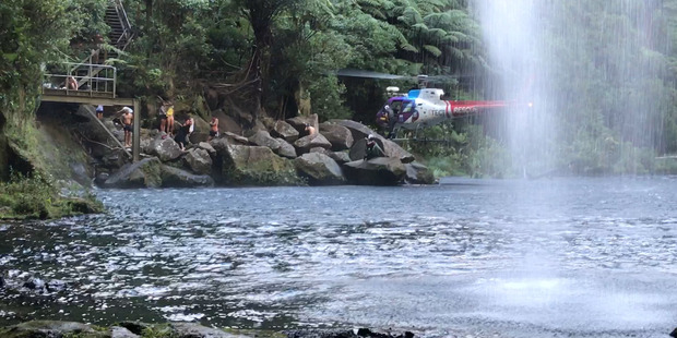 The Trustpower TECT Rescue Helicopter had to airlift a man from Omanawa Falls after he was injured. Photo/Supplied