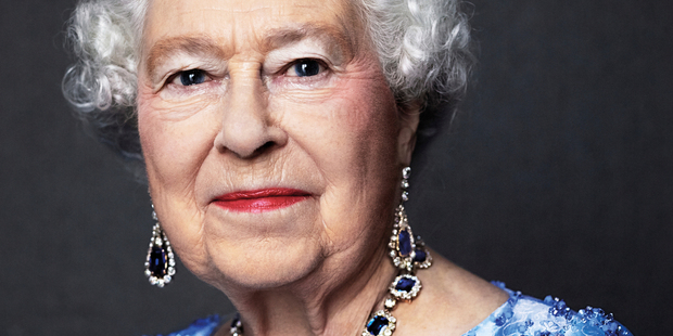 This photo by English photographer David Bailey of Britain's Queen Elizabeth II, reissued to celebrate her Sapphire Jubilee.