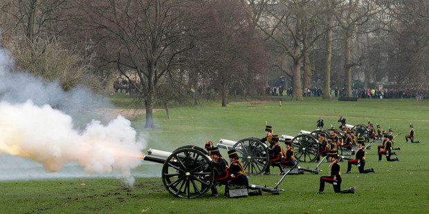 The King's Troop Royal Horse Artillery stage a 41-Gun Royal Salute to celebrate Britain's Queen Elizabeth II's Sapphire Jubilee. Photo / AP