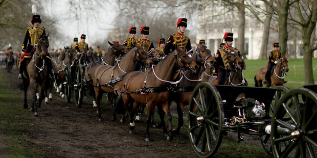 Members of the King's Troop Royal Horse Artillery arrive to stage a 41-Gun Royal Salute to celebrate Britain's Queen Elizabeth II's Sapphire Jubilee yesterday. Photo / AP