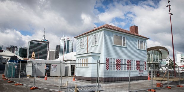 The Lighthouse, a sculpture by Michael Parekowhai depicting a state house, on Queens Wharf in Auckland. Photo / Greg Bowker