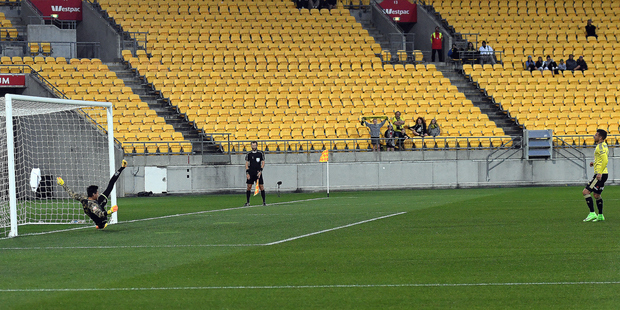 Phoenix's Kosta Barbarouses converts a penalty during the Sister City Cup, Wellington Phoenix vs Beijing BG. Photo/Photosport