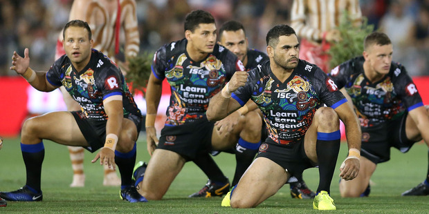 Greg Inglis of the Indigenous All Stars leads the war cry during the 2017 NRL All Stars match. Photo/Getty Images