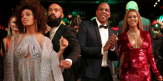 (L-R) Singer Solange Knowles, Alan Ferguson, hip hop artist Jay-Z and singer Beyonce during The 59th GRAMMY Awards 2017. Photo / Getty