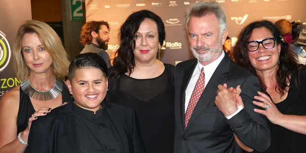 Julian Dennison and his co-stars Rima Te Wiata, Sam Neill and Rachel House. Photo / Steven McNicholl