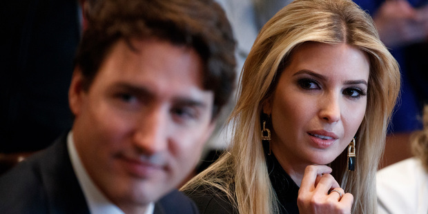 Loading Ivanka Trump, daughter of President Donald Trump "gazing" at Canadian Prime Minister Justin Trudeau. Photo / AP