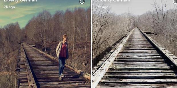 The last photograph of Abigail Williams alive, on the old train bridge, was posted by Libby German on Snapchat at around 2pm on Monday. Photo / Snapchat