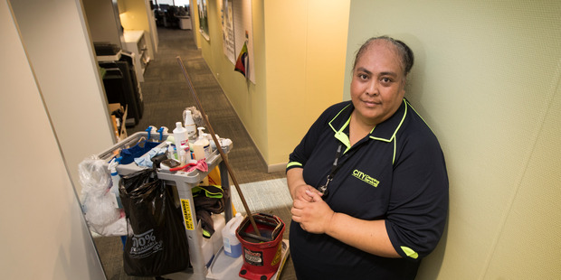 Cleaner Malia Langi is still on minimum pay because Auckland Council doesn't pay its contractors a living wage. Photo / Brett Phibbs