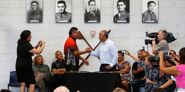 Mana Movement leader Hone Harawira and Maori Party co-leader Te Ururoa Flavell after signing agreement. Photo / Michael Cunningham