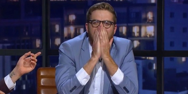 Guy Williams reacts after dropping an f-bomb during Jono and Ben's first live show. Photo/Three