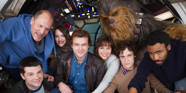 Directors Phil Lord and Christopher Miller with actors Woody Harrelson, Phoebe Waller-Bridge, Emilia Clarke, Alden Ehrenreich, Donald Glover and Joonas Suotamo as Chewbacca.