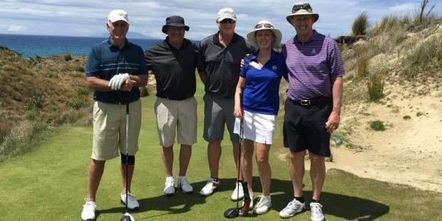 The four men with Glenn Garland's wife, Laura, at Tara Iti Golf Club.