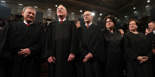 Chief Justice John Roberts, from left, (L) and Supreme Court Justices Anthony Kennedy, Stephen Breyer, Sonia Sotomayor and Elena Kagan. Photo / AP