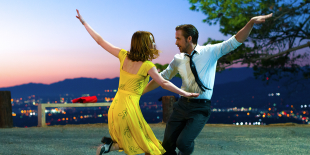 Ryan Gosling, right, and Emma Stone in a scene from, 'La La Land'. The actors and movie are front-runners in today's Academy Awards. Photo / Supplied