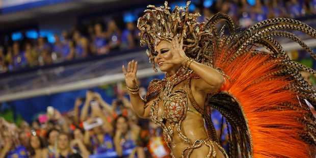 Drum queen Viviane Araujo from the Salgueiro samba school performs during Carnival celebrations at the Sambadrome in Rio de Janeiro. Photo / AP