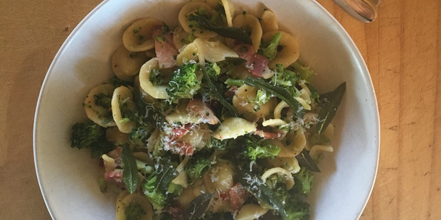 Pasta with broccoli, sage and bacon.