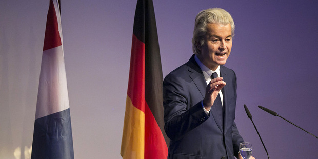 Geert Wilders, leader of the Dutch Freedom Party, speaks during a Europe of Nations and Freedom meeting in Koblenz, Germany, in January. Photo / Bloomberg