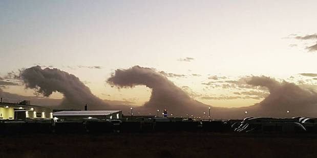 Wave clouds, officially known as Kelvin-Helmholtz instability waves, were spotted over Christchurch Airport on Friday night. Photo/ Facebook