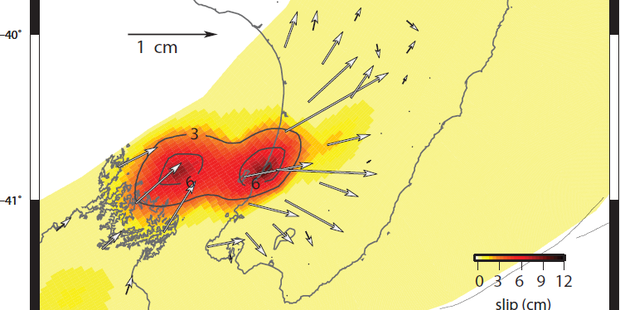 The Kapiti slow-slip event's movement from January to May. The most extreme movement, depicted by the darkest colour, is under Otaki and north of Marlborough Sounds. Image / Geonet