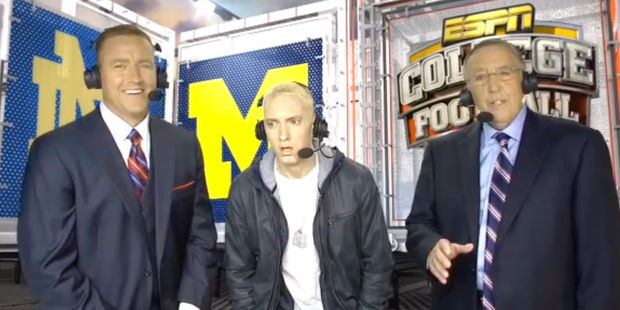 Eminem appears confused during a live TV interview on ESPN. Photo / YouTube