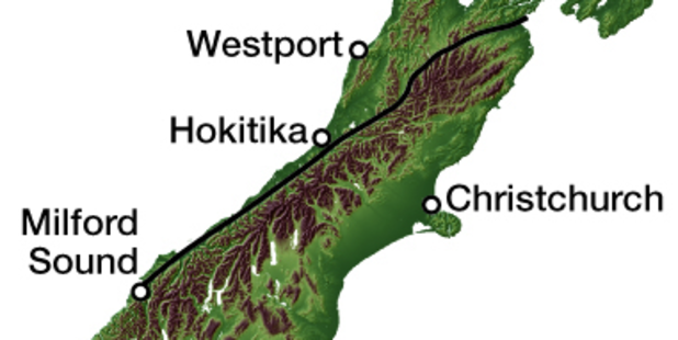 The Apline Fault stretches 650km along the spine of the south island from Marlborough to Fiordland.