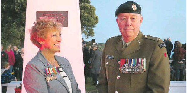 Major Gordon Benfell and his wife Eliza at the Anzac dawn service in Mount Maunganui yesterday. After 52 years it was Major Benfell's last ceremony as a serving soldier. Photo / Richard Moore/Moore Media Services