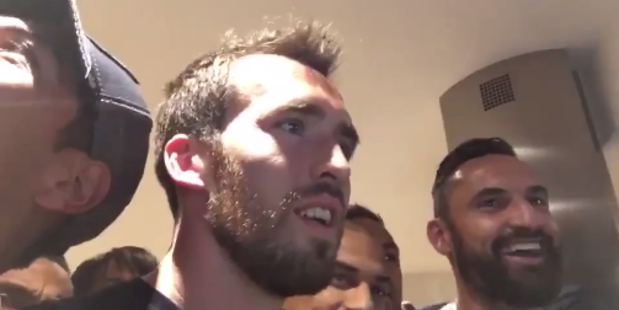 Leicester City player Christian Fuchs watching the Chelsea - Tottenham match with teammates Tuesday morning (NZT)