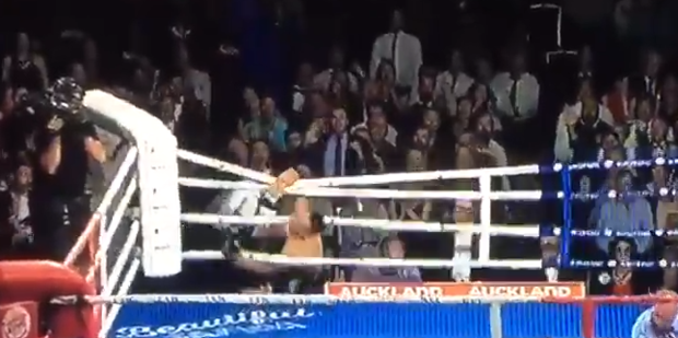 Jordan Tai clings onto the ropes after his celebration went horribly wrong