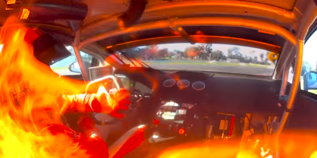Australian GT racer Matthew Turnbull's car is lit alight mid-race in Winton.