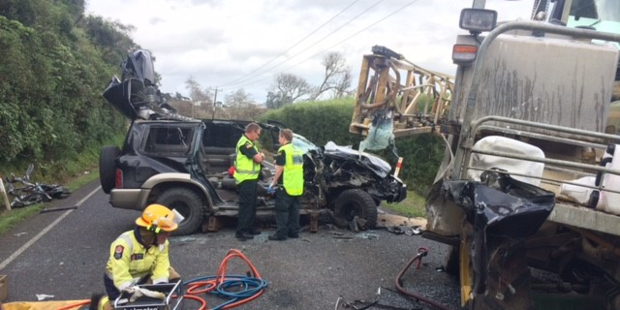 Emergency services at the aftermath of a collision between a tractor and a ute near Tuakau yesterday. Photo / Westpac Rescue Helicopter