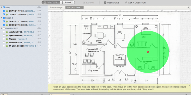 The start of a Wi-Fi site survey using Netspot.