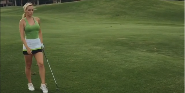 Paige Spiranac in the lead up to her shot. Photo / Instagram