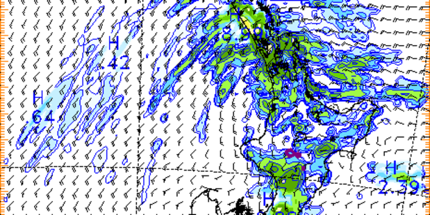 The rain swirling around the North Island on Saturday. PHOTO/METSERVICE