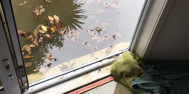 Flooding on the bottom floor of Lucy Knight's North Shore home. Photo / Twitter