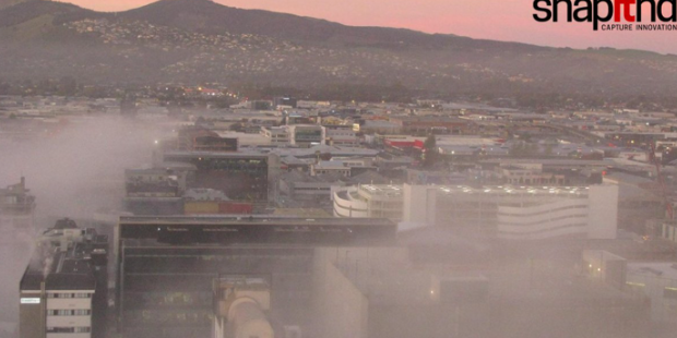 Thick fog quickly descends on Christchurch this morning. Photo / via twitter
