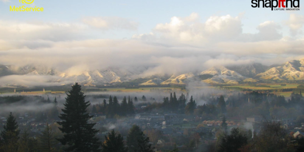 Snow on the hills in Hanmer. Photo / Metservice